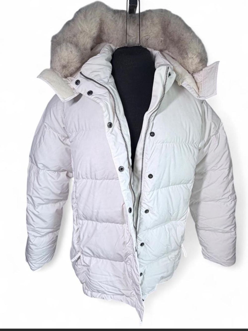 L.L.Bean White Goose Down Puffer Jacket Faux Fur Hood Women’s Large